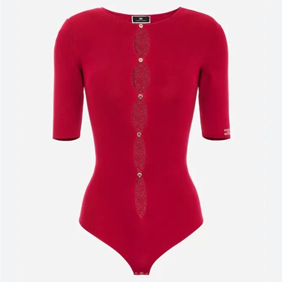 Elisabetta Franchi Red 3/4 Sleeve Bodysuit with Front Openings - Picture 1 of 13